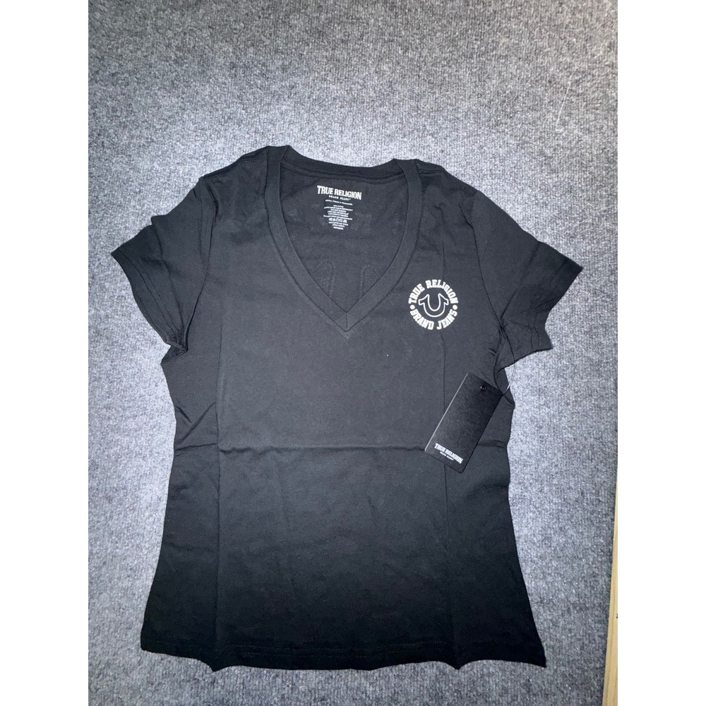 True Religion Womens Black V-Neck Rhinestone Horseshoe Logo Graphic T-Shirt S